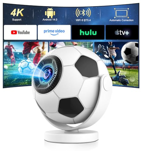 Mini Projector, Portable Projector with WiFi 6 Bluetooth 5.4,180° Rotatable,Built-in Apps,Short Throw Projectors 4K&8K Support,Auto Keystone,Football-Shaped Movie Projector for Bedroom-Black&White