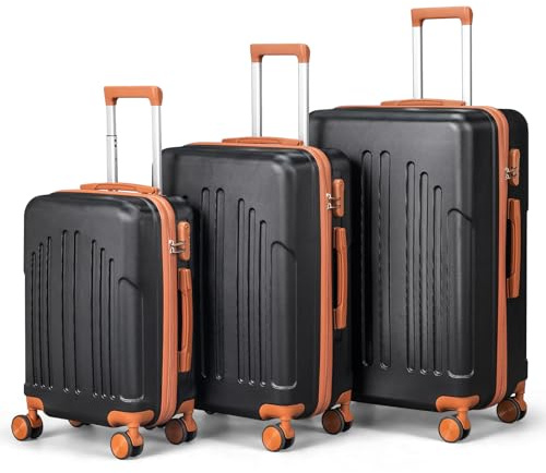 LALAHO Kofferset 3 teilig Hartschale (Schwarz-Braun) | Reisekoffer mit Rollen Groß, Koffer Set 3 Stück aus ABS, Handgepäck Koffer