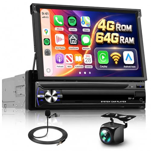 Hodozzy 4G+64GB Autoradio 1 Din mit Bildschirm Wireless Carplay Android Auto, Android Radio 7 Zoll Touchscreen mit Ausfahrbarem Display, 1 Din mit GPS Navi WiFi, Bluetooth FM/RDS DSP, Rückfahrkamera