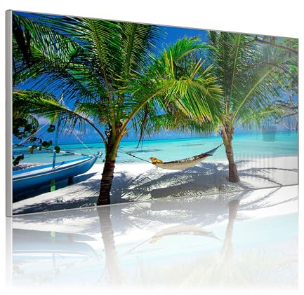 banjado Magnettafel Metall 78 x 37cm - beschreibbare Magnettafel - Metall Pinnwand als Memoboard - Magnetwand Küche, Büro, Kinderzimmer Grau inkl. 4 Magnete & Montageset - Motiv Strand