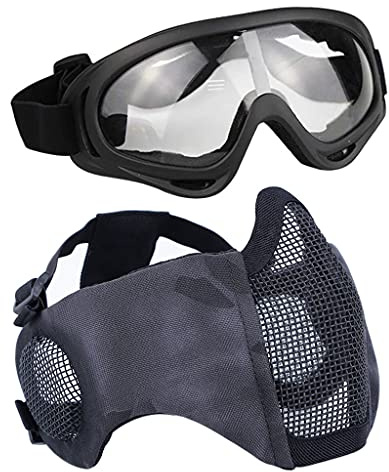 Aoutacc Kit de Protection Airsoft avec Demi-Masque en Maille avec Protection des Oreilles et Lunettes - pour CS/Chasse/Paintball/Tir, TY