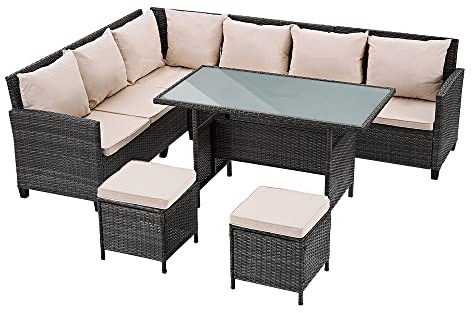 Panana 8 Seater Rattan Garden Furniture Corner Dining Set, Outdoor Sofa Set with Dining Table, 2 Stools, Cushions, Free Cover for Patio & Conservatory (Mixed Grey Wicker with Beige Cushions)