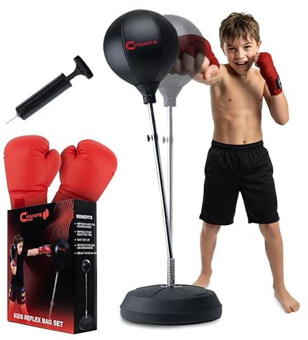 Champs MMA Anfänger Boxen Freistehender Reflexbeutel - Reflex Boxsack mit Ständer und Pumpe + 2 Reflexbälle für Beweglichkeit, Hand-Auge-Koordination und Ausdauer - Freistehender Boxsack für Kinder