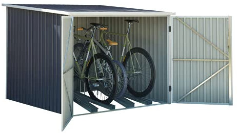 BillyOh Newbury 6x7 Metal Bike Shed Garden Storage Box – Grey Outdoor Bike Storage, Hot-Dipped Galvanized Steel, Entry Ramp, 4 Gravity Locking Bicycle Racks, Secure and Durable Outdoor Shed
