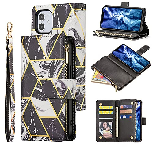 UEEBAI Estuche Billetera para iPhone 13 Pro 6.1 Inch, Cierre de PU Vintage Bolsillo Cremallera Ranura Tarjeta Soporte con Correa Muñeca Estuche Tapa a Prueba de Golpes - Joya Negro