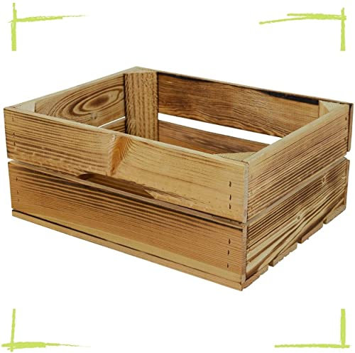 Vintage Möbel 24 GmbH Rustikale Holzkisten als Deko der Geschenk Box Aufbewahrung aus Holz ohne Deckel (Kleine geflammte Kiste 37x29x15,7cm)