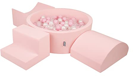 KiddyMoon Spielplatz Aus Schaumstoff Mit Rund Bällebad (300 Bälle) Ballgruben Für Babys Spielbad Hindernisläufen, Hergestellt In Der EU, Pink:Puderrosa/Perle/Transparent