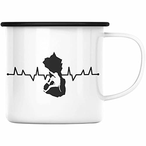 Trendation - Klettern Bergsteigen Geschenk Emaille Tasse Boulder Geschenkidee Berge Herzschlag (Schwarz)