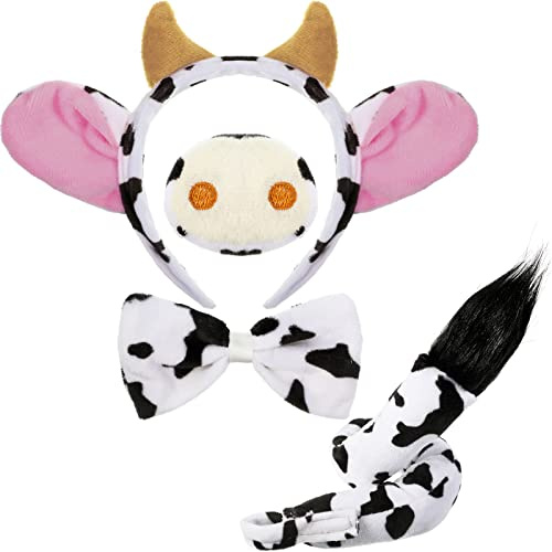 Aoriher 4er Set Karneval Kuh Kostüm Set Ohren Hörner Stirnband Kuh Nase Fliege und Schwanz Kuhkostüm Cosplay Kostüm Zubehör