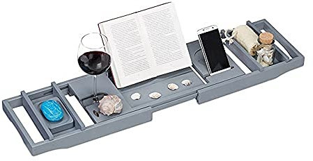 Graue Badewannenablage, Brücke, Tablett – Nardo Grey mit Buch, Tablet, Telefon, Weinglas, Kerzenhalter. Ausziehbare/verstellbare Caddy-Brückenablage. 100 % natürlicher Bambus über der Badewannenwann