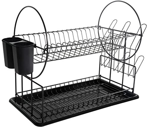 BDYLYS Geschirr Abtropfständer Duo, Dish Drying Rack, Geschirrabtropfgestell für die Küche, Abtropfgestell mit Besteckkasten und Tellerständer, 52 x 36 x 24 cm, Schwarz