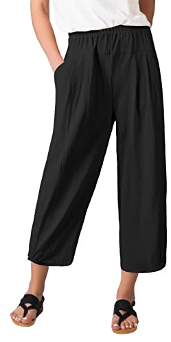 PASUDA Pantalon Femme Été Coton Lin 7/8 Pantalons Fluide Large Taille Haute Elastique Décontractée Pantacourt Solide Couleur Léger Sport Longueur Pants avec Poches (Noir, S)