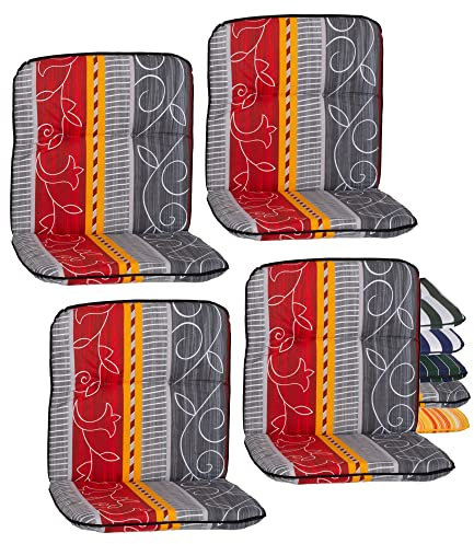 Beo Niedriglehner Auflagen 4er Set waschbar Bali | Made in EU | Atmungsaktive Garten-Stuhlauflage Niedriglehner mit Halteband | UV-beständige Auflage für Gartenstühle mit Ornamenten in Rot-Grau
