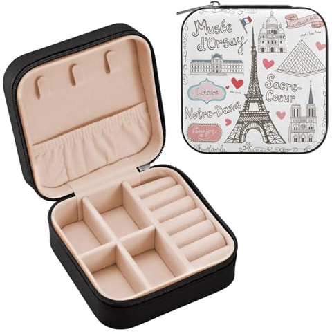 SUABO Schmuckkästchen mit Paris-Abzeichen, französischer Eiffelturm, Liebe, für Halsketten, Ringe, Mini-Schmuckkästchen, Ohrringe, Leder, Reise-Organizer für Frauen, Mädchen, Freundin, Ehefrau,