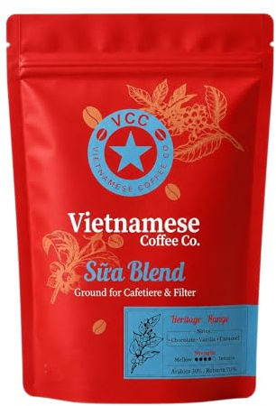 Vietnamese Ground Coffee – Sữa Blend by Vietnamese Coffee Co – Authentic Robusta & Arabica Coffee – For Phin Filter, Cafetiere & Iced Coffee – Chocolate, Vanilla & Caramel Notes – 220g