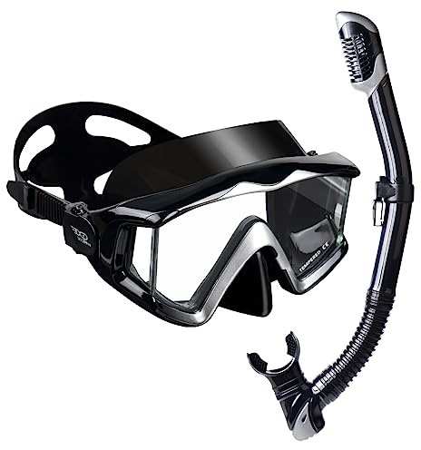 EXP VISION Snorkelset Pano 3/4 snorkelutrustning för vuxna, professionell anti-dimma snorklingsmask, torr snorkel dykmask för fridykning, snorkling, simning (svart -Pano 3)
