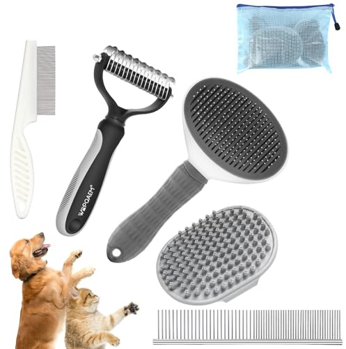 WOPQAEM Dog Grooming Kit Dogs Brush 5 Pack - Slicker Brush,Undercoat Rake, Pet Comb, Flea Comb, Bath Brushes for Short & Long Haired Dogs & Cats, Grey