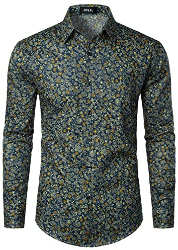 JOGAL - Camicia da uomo a maniche lunghe, vestibilità normale, con motivo floreale stampato, abbottonatura, per il tempo libero, Blu marino, L