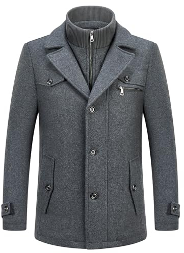 KUDORO Manteau Homme en Laine Chaud pour Hiver Trench Coat Mi-Long Classique Parka Pardessus Caban Slim Fit Élégant Business Décontractée Duffle-Coats Coup-Vent Revers Overcoat(Gris1,L)