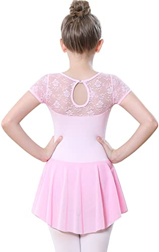 DANSHOW Mädchen Spitze Ballett Trikot Gymnastik Tanzkleidung für Tanz | Wassertropfen-Hohlrücken, Spitzen-Herzausschnitt, Spitzenärmel, asymmetrischer Mesh-Rock, elastischer Stoff