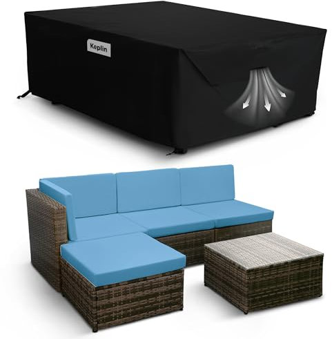 KEPLIN Waterproof Outdoor Furniture Cover - UV, Tear, Fade Resistant, 600D Oxford Fabric, PVC Coating, Air Vent, Attachment Straps & Storage Bag Included for Garden Table & Chairs (200x160x70cm)