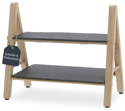 MIJOMA Etagere aus Schiefer und Kiefernholz | Elegantes Wohnaccessoire für optimale Organisation | 32x18x28cm | Zwei robuste Ablagen | Ideal für dekorative und funktionale Nutzung