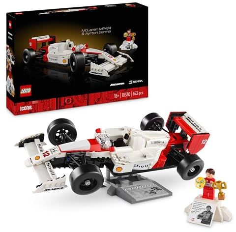 LEGO Icons McLaren MP4/4 & Ayrton Senna Vehicle Set, F1 Race Car Model kit for Adults to Build with Race Driver Minifigure, Home or Office Desk Décor, Formula One Birthday Gifts for Men & Women 10330