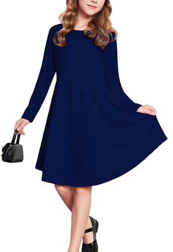 Parabler Robe Enfant Fille à Manches Longues en Jersey Bleu Col Rond pour Loisirs - Taille 5-6 Ans