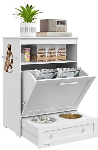 PawHut Pet Feeder Station, Dog Food Storage Container w/Raised Dog Bowls, Hanger, for Food and Water - White