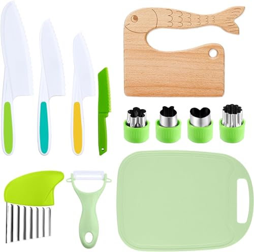 Gcffom Kindermesser-12 teiliges Kinder Küchenmesser aus Holz zum Kochen und Schneiden, Kindermesser ab 2 Jahre mit Gemüse Ausstechformen, Holzmesser, Schneidebrett etc, Montessori Messer