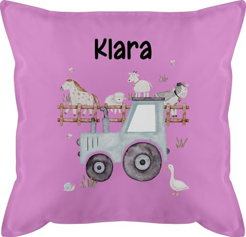 Kissen 50x50 - Bauernhof Traktor Tiere mit Namen Landwirtschaftlicher Tiermotiv Bauernhoftieren - 50 x 50 cm - Pink - traktorkissen trecker traktormotiv personalisierte Bulldog und Name