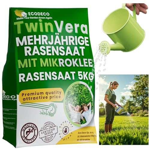 Rasensamen mit Mikroklee Pipolina 5 kg für 200 m² | Trockenheitsresistenter, Selbstverdickender Rasen – Grassamen für die Nachsaat im Frühling