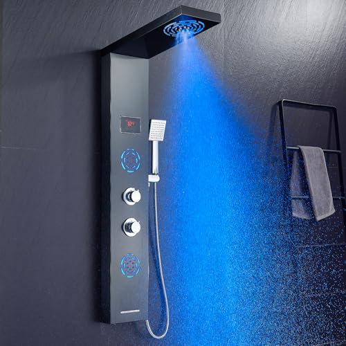 POPFLY LED Shower Panel Tower System Mist & Rain Shower Head ＆ 2 Massage Body Jets, Tub Spout and Temperature Display, Water Powered Led Shower Tower Column Stainless Steel, Black