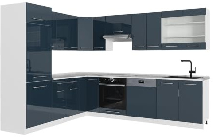 Vicco Eckküche Fame-Line, Dunkelblau Hochglanz/Weiß, 287 x 227 cm | 14 Module · Höhenverstellbare Füße · Ohne Arbeitsplatte · MDF-Fronten · Softclose · Metallgriffe