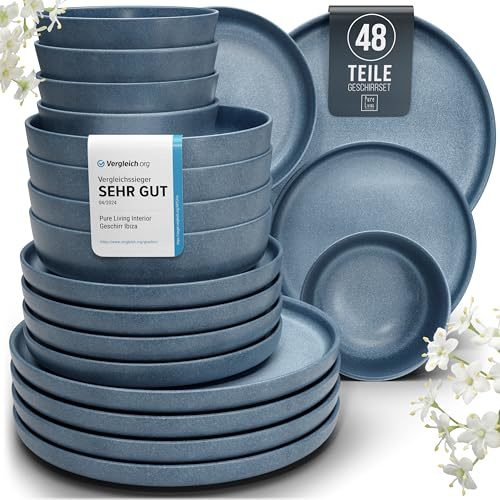 Steingut Geschirrset 12 Pers. 48-tlg Hochwertiges Urban Style TEST SEHR GUT Steingut Geschirr Set - Schüssel- und Teller Set - Tafelservice 12 Personen Geschirrsets Pure Living in matt Blau