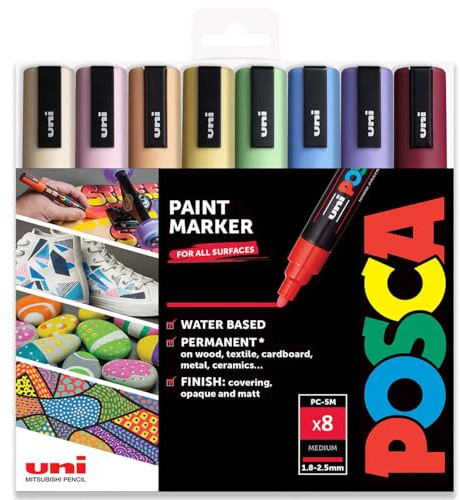 Posca Permanent-Marker auf Wasserbasis, für verschiedene Oberflächen, PC-5M, 1,8–2,5 mm mittel, Set mit 8 Stiften in Kunststoff-Geschenketui, Pastell-Set