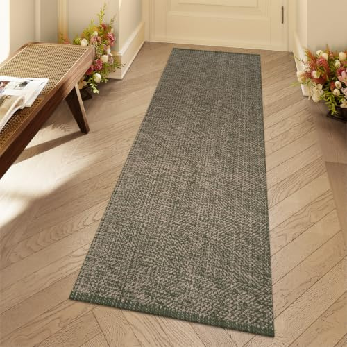 LEEVAN Waschbarer Küchenläufer, 60 x 150 cm, gewebte Baumwolle, wendbar, Flurläufer, moderner Badezimmerteppich, Bauernhaus, Küchenmatte, langer Teppich für Kinderzimmer, Foyer (Grün und Natur)