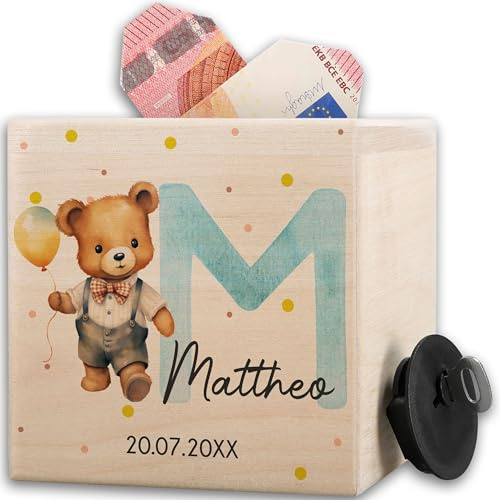 Anfangsbuchstabe Initialen - Buchstaben Spardose Holz mit Namen Bär Junge I Kinder Spardose personalisiert Junge Holz I Taschengeld Geschenk - 10x10cm - Holz - kinderspardose