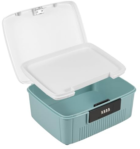 Lockable Medicine Box with 4 Digital Combination Lock, Safety Medication Storage Container with Removable Tray, Privacy Document and ID Box, Plastic Lockable Storage Bin for Medicine Food Snacks(Blue)