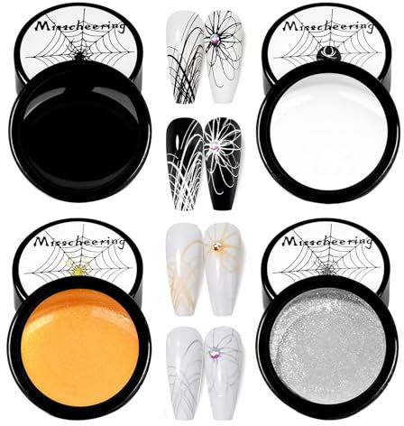 4 Colori Smalti per Unghie in Gel, Soak Off UV LED Gel Polish, Spider Gel for Nail Art, 4 Colors Spider Gel Nail Polish Set per DIY Manicure Nail Art Decoration, Bianco & Nero & Oro & Argento