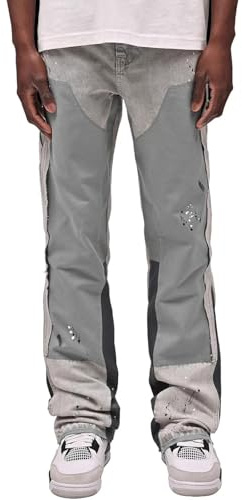 FYCYGG Flared Jeans Uomo, Pantaloni in Denim Streetwear Y2K con Disegno a Spruzzo d'inchiostro, Patchwork e Tasche, Pantaloni per Il Tempo Libero Bootcut Baggy in Stile Cowboy Hip Hop(Light Grey,L)