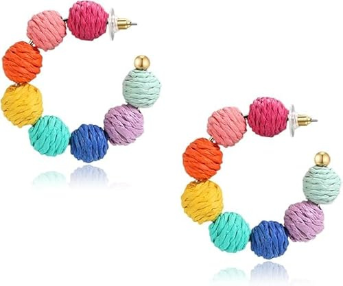 Boucles d'Oreilles en Raphia Coloré pour Femmes, Boucles d'Oreilles Pendantes d'été, Bohême Paille Osier Boucle d oreille pour l'été, plage et vacances, Bijoux Cadeau pour Femme Fille
