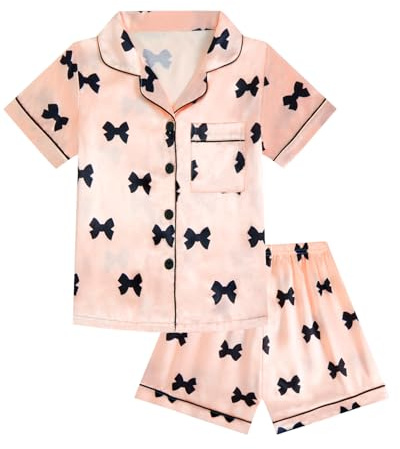JiAmy pyjamasset för flickor, rosett, tryck, barnpyjamas 8-12 år | 8-12 år, 100 % polyester satin pyjamasset, rosett, knapptopp, elastiska underdelar, mjuka nattkläder för flickor