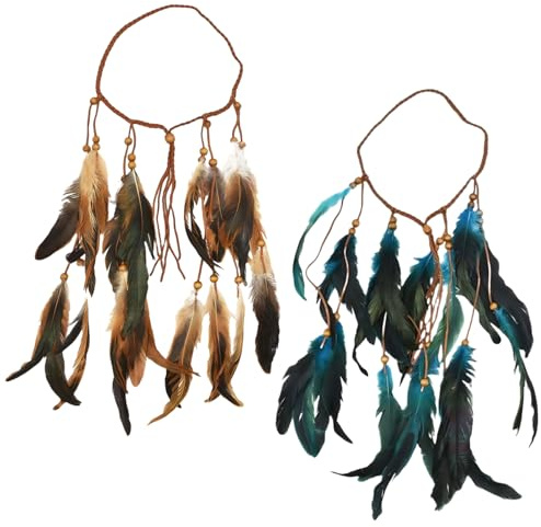 Tokaneit 2 Stück Indisches Feder-Stirnband, Boho-Hippie-Kopfschmuck, Frauen Bohemien Feder Quasten Stirnband, Perlen, Festival, Party, Kopfbedeckung, Haarschmuck für Damen und Mädchen