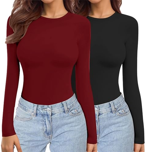 Ekouaer Damen 2 Pack Langarmshirt Thermo Tops XS-XXL | figurbetont, dehnbar, weicher Thermostoff mit Micro-Fleece, ausreichend lang zur Bauchabdeckung
