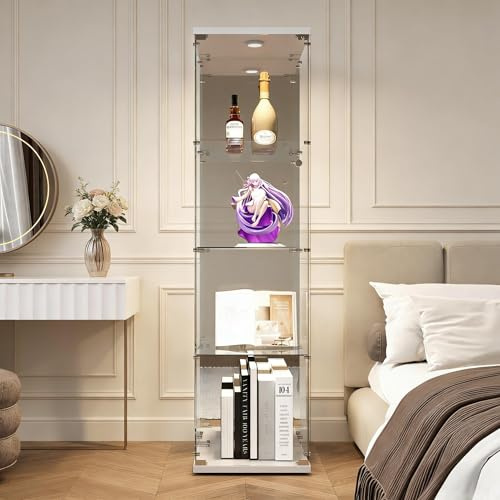 PerGar Glasvitrine mit LED Beleuchtung und Glastüren, Glasvitrine Stehend, Vitrinenschrank mit 4 Glasböden, Spiegelglas, für Wohnzimmer, Büro, Bücher, Spielzimmer, Weiß, 164x42.5x36.5 cm