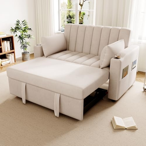 Lcoho Schlafsofa, Schlafcouch mit Schlaffunktion, Doppelsofa mit Verstellbarer Rückenlehne, mit Getränkehalter und Kissen, geeignet für Wohnzimmer, Schlafzimmer, Wohnung usw. (Beige)