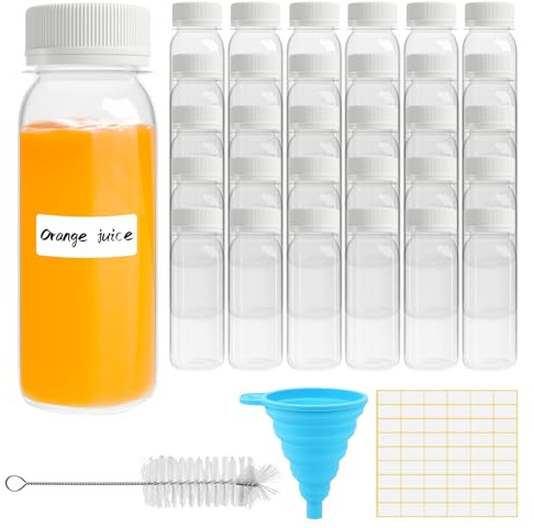 PWGHWG 30 Piezas Botellitas Pequeñas para Rellenar, 60 ml Mini Botellas de Plástico Reutilizables con Tapas y Embudo, Botellas de Jugo, Botella Plastico Transparente para Zumos Batidos Agua Smoothies