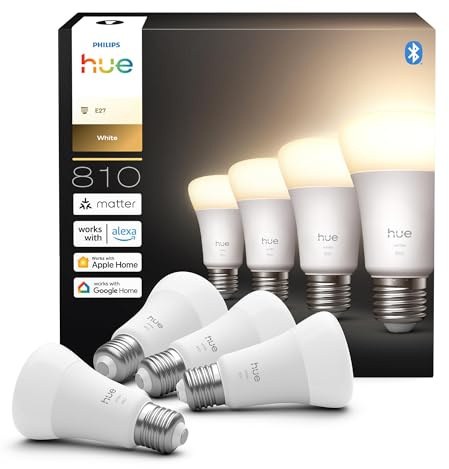 Philips Hue Smart LED A60 ljuskälla, Smart glödlampa, Varmvitt ljus 2700K, E27-sockel, 9,5W, 810 lumen, Dimbar led-lampa, Smart belysning med Alexa, Google Assistant och Apple Home, 4-pack