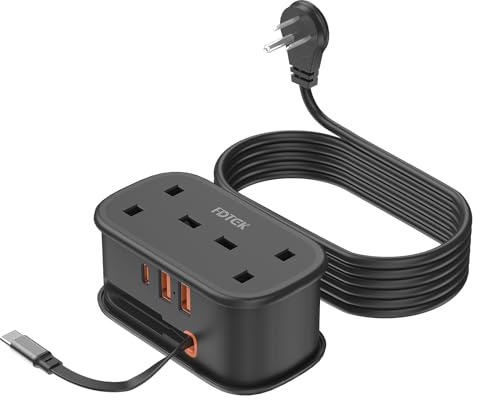UK to US Plug Adapter with 1.5M Extension Cable, FDTEK 2 Way Travel Extension Lead with 3 USB Slots & Retractable USB C Cable, Type B Travel Adapter for American, Thailand, Canada, Mexico